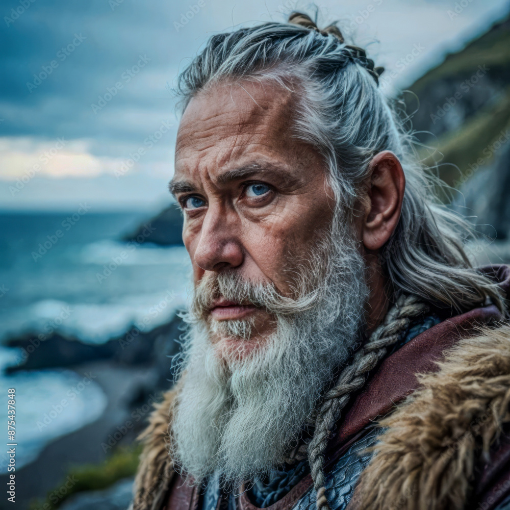 Portrait of an old and wise Viking like they looked back then, gazing into the distance. Portrait of an old and wise Viking like they looked back then, gazing into the distance.