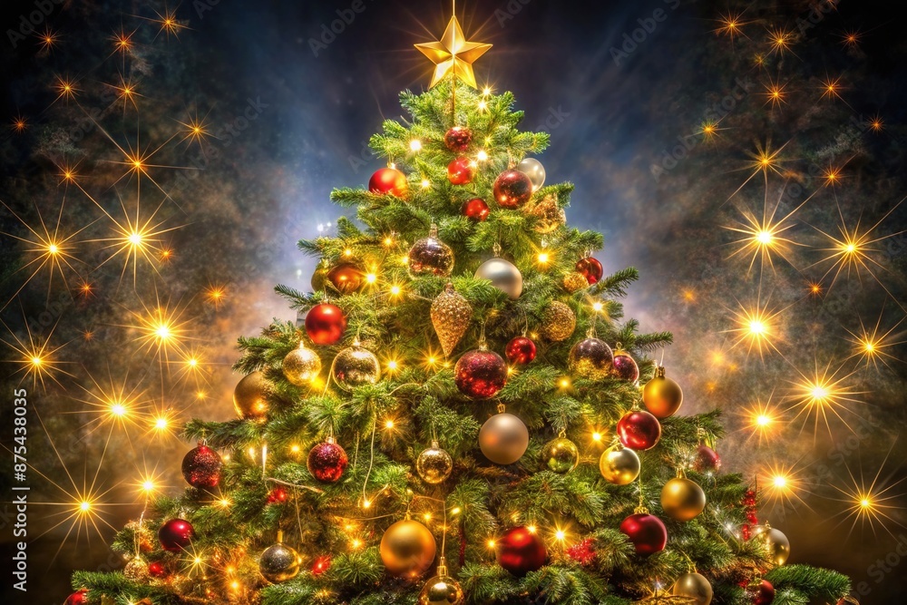 A majestic Christmas tree stands tall, adorned with twinkling lights, ornaments, and garlands, set against a dark background, exuding warmth and festive holiday cheer. A majestic Christmas tree stands tall, adorned with twinkling lights, ornaments, and garlands, set against a dark background, exuding warmth and festive holiday cheer.