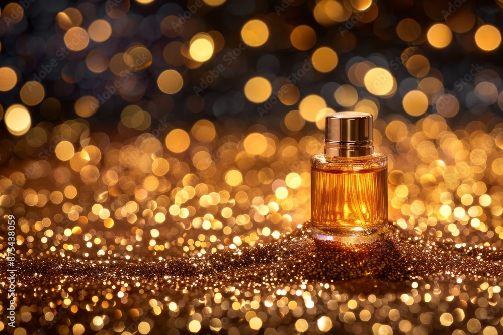 Perfume bottle on golden glitter with bokeh lights Perfume bottle on golden glitter with bokeh lights