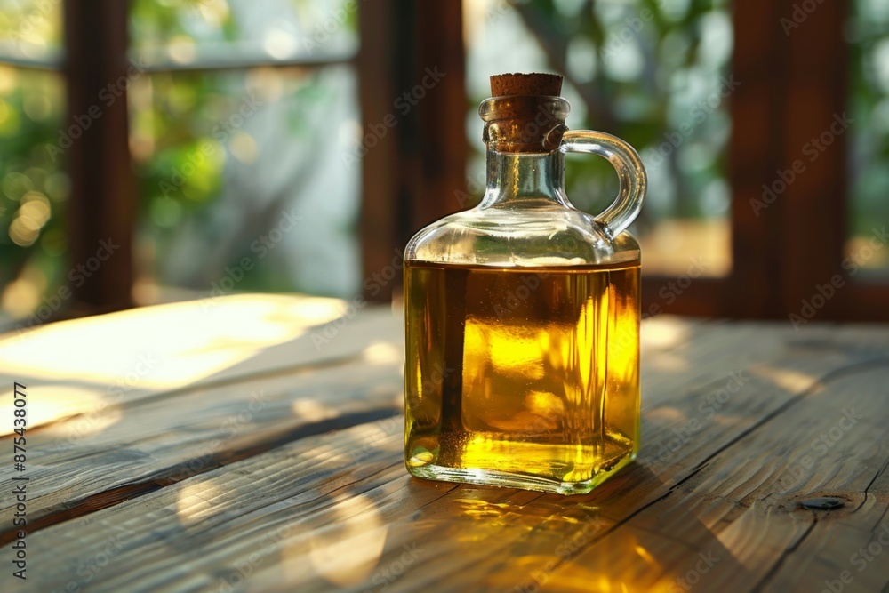 Glass bottle of olive oil on rustic wooden table Glass bottle of olive oil on rustic wooden table
