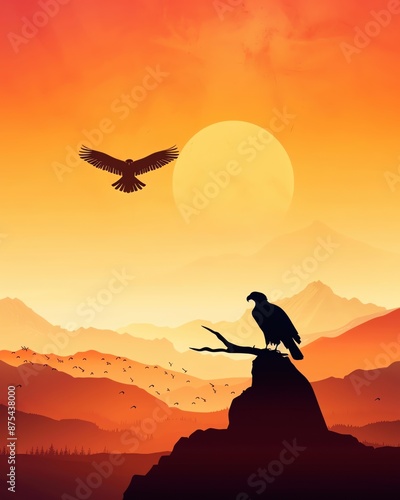 Silhouette of birds at sunset with a beautiful mountainous backdrop and vibrant orange sky, creating a serene and tranquil scene. photo