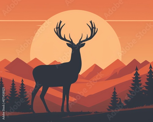 Silhouette of a deer with large antlers standing against a mountain sunset. Beautiful landscape scene with majestic wildlife.