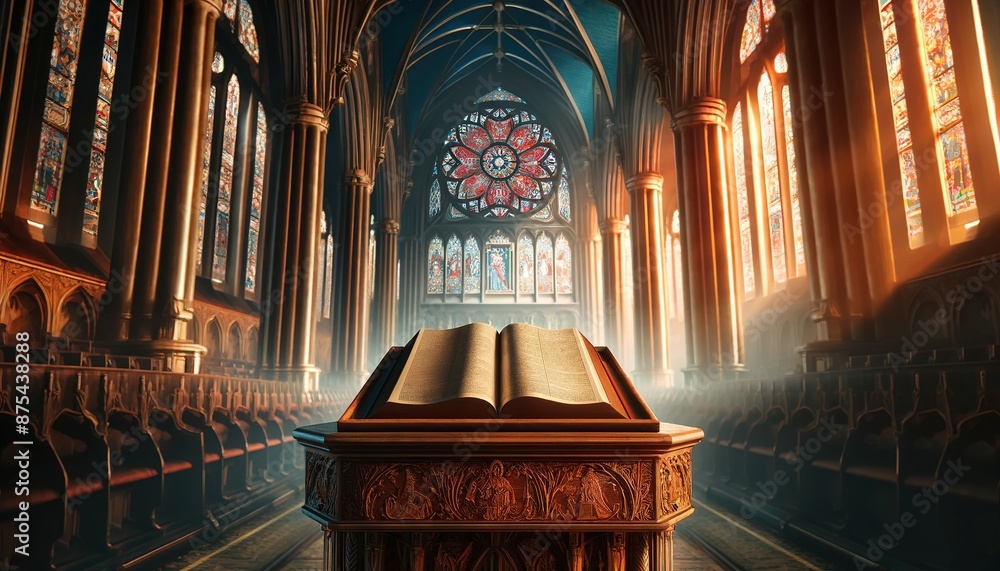 Naklejka premium An open Bible on the pulpit in a Gothic and Baroque style church