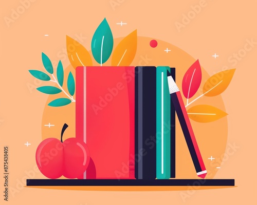 Illustration of books, pencil and an apple on a shelf with vibrant leaves in the background, symbolizing education and learning.