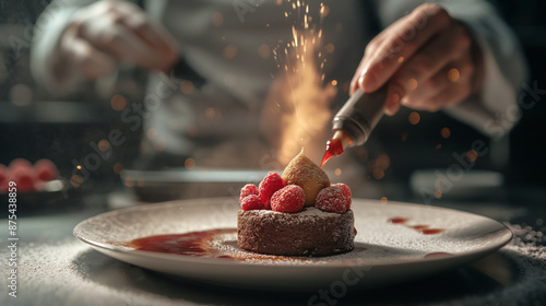 Chef using a blowtorch to add final touches to a dessert, dramatic lighting and intense focus, left third copy space