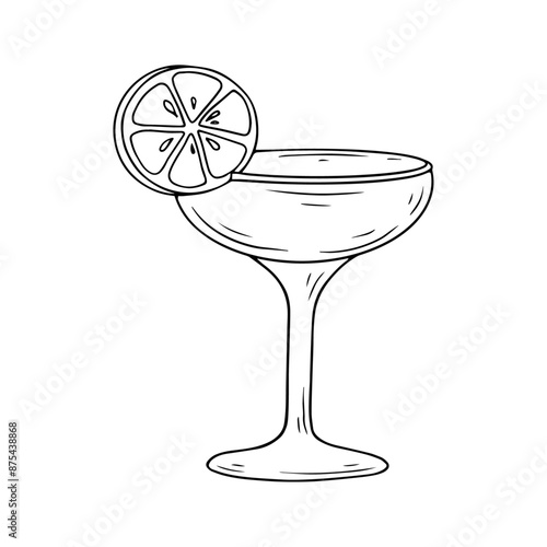 Line sketch,doodle of a glass of tequila with a piece of lime.Vector graphics.