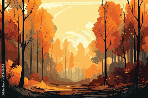 Autumn landscape with trees mountains fields leaves vector. Autumn forest panoramic illustration vector background