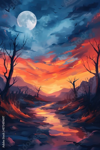 Beautiful fantasy landscape with a full moon, vibrant sunset, and a serene river flowing through barren trees, creating a mesmerizing contrast. © Pannawish