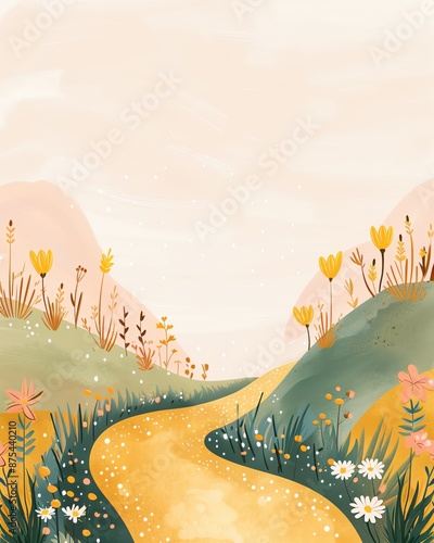 Whimsical landscape illustration with a golden path winding through colorful flowers and grassy hills under a pastel sky.