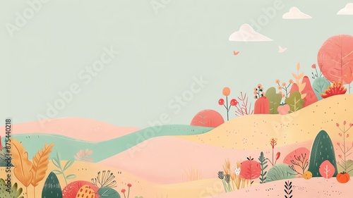 Whimsical landscape illustration with colorful trees, hills, and clouds against a pastel sky. Perfect for children's books or playful designs.