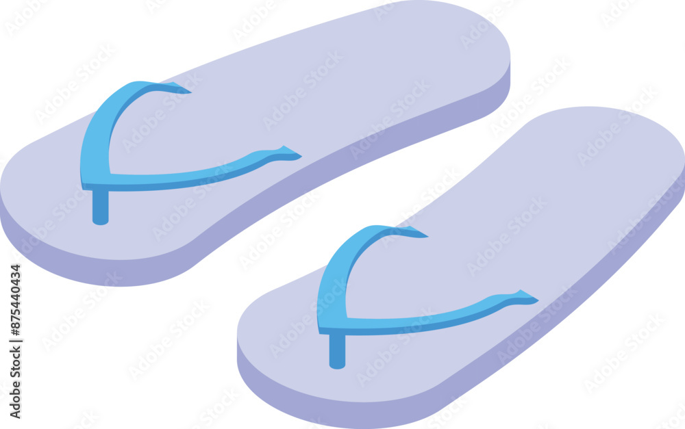 Pair of blue flip flops lying on sand, isometric view of summer footwear for beach Pair of blue flip flops lying on sand, isometric view of summer footwear for beach