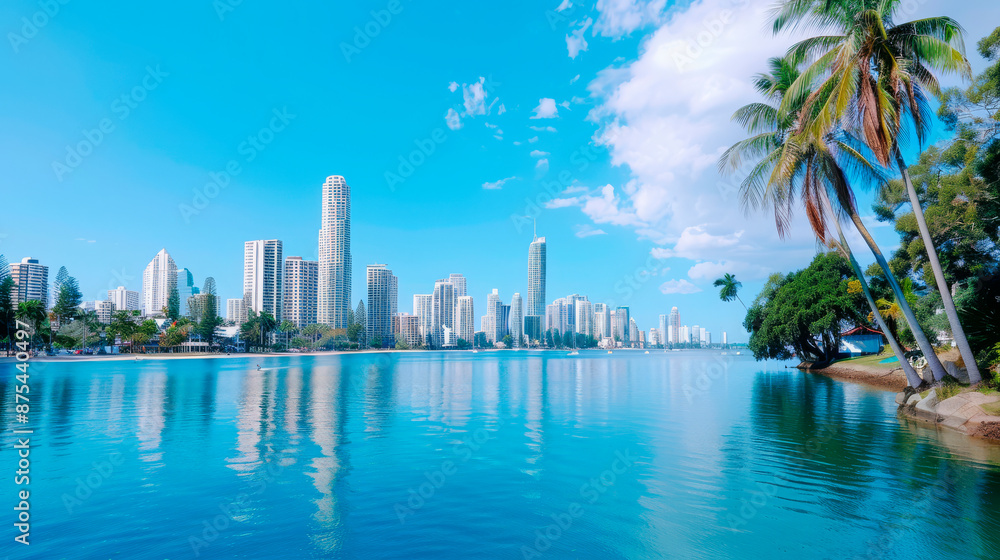 Naklejka premium A stunning coastal cityscape featuring tall, modern skyscrapers reflected in calm, clear blue waters under a bright, sunny sky. The serene scene is enhanced by lush, tropical palm trees lining the sho