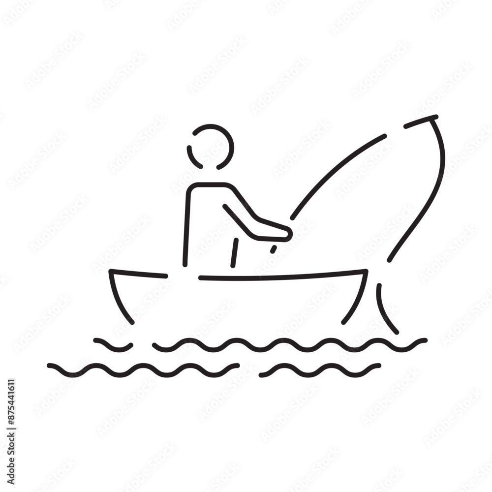 Minimal fishing icon of outdoor recreation including line, lure, lake, boat, dock, hook, pole, reel, worm, tackle box and clothing such as waders and a vest Minimal fishing icon of outdoor recreation including line, lure, lake, boat, dock, hook, pole, reel, worm, tackle box and clothing such as waders and a vest