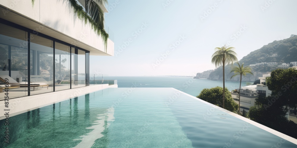 Fototapeta premium Outdoor tourism landscape. Luxurious beach resort with swimming pool. Summer travel and vacation background concept