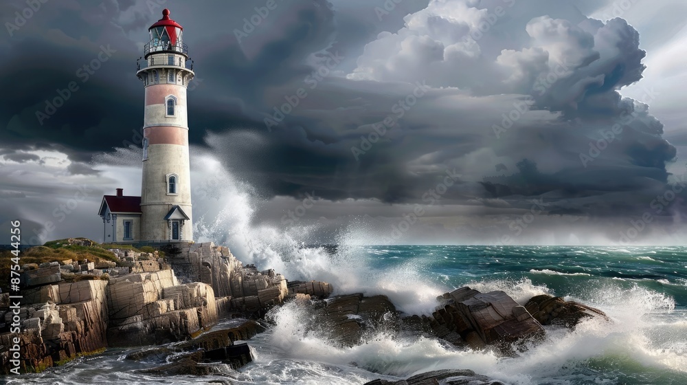 A Victorian-era lighthouse standing tall on a rocky coastline, its white walls and red roof contrasting against the crashing waves and stormy sky. A Victorian-era lighthouse standing tall on a rocky coastline, its white walls and red roof contrasting against the crashing waves and stormy sky.