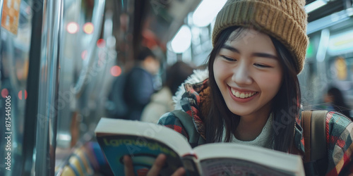 A young woman with a beanie reading a book while riding on public transit, smiling and enjoying her book.