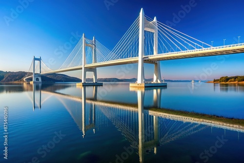 Sleek white suspension bridge stretches elegantly across serene blue sky, showcasing stunning architecture and perfect symmetry amidst a tranquil, cloudless atmosphere. © Adisorn