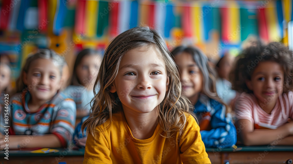 Smiling Elementary School Girl Looking at Camera in Diverse Classroom Back to School Concept Smiling Elementary School Girl Looking at Camera in Diverse Classroom Back to School Concept