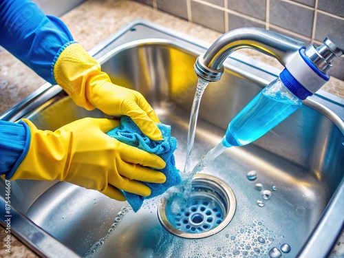 Yellow rubber gloves grasp bottle, pouring blue liquid sewer pipe cleaner down kitchen sink drain, amidst soap suds and water, in a messy cleaning scene. photo