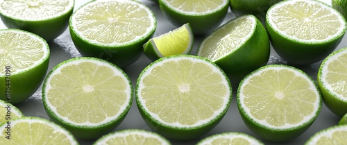 Green lime fruits with cut halfes on white