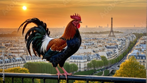 National bird of france gallic rooster against french landscape.