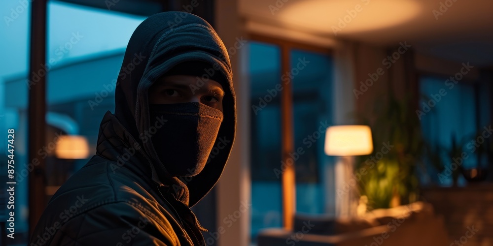 A masked man in a hooded jacket standing in front of a house at dusk, creating a sense of suspense and danger. A masked man in a hooded jacket standing in front of a house at dusk, creating a sense of suspense and danger.