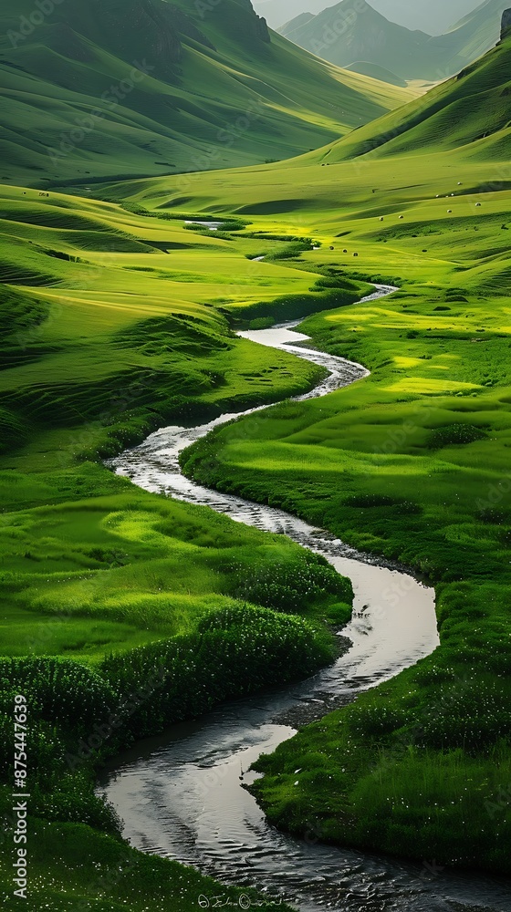A peaceful river valley with a meandering stream and lush green fields. A peaceful river valley with a meandering stream and lush green fields.