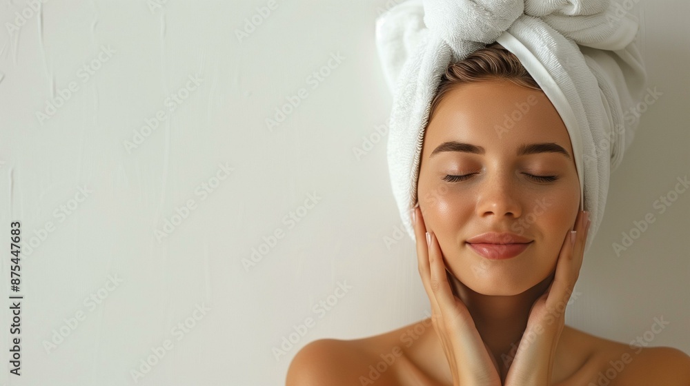 Young woman with white towel on head eyes closed, lifestyle healthy hygiene relax Young woman with white towel on head eyes closed, lifestyle healthy hygiene relax