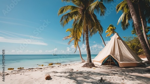 A serene beach setting with a tent pitched among palm trees, overlooking the calm ocean waters