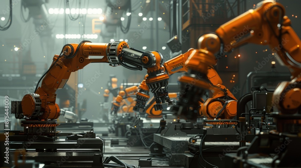 A factory with many robots in orange. Generate AI image A factory with many robots in orange. Generate AI image