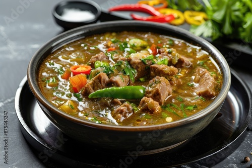 beef meat soup with green chili in black soup on grey background photo