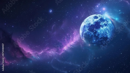 Moon and stars over a galaxy backdrop, deep blues and purples, swirling stars and space for text in the lower right corner, cosmic beauty
