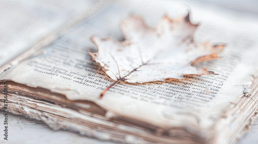 Naklejka premium Single Dried Leaf Bookmark in Old Book Back to School Concept Image