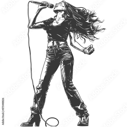 Dynamic Female Rocker Singing into Microphone, Monochrome Illustration
