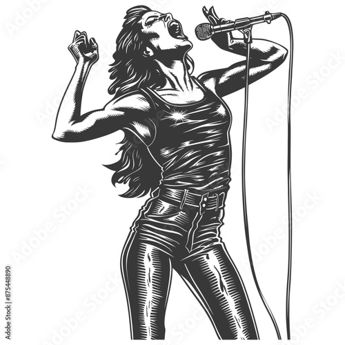 Passionate Female Rock Singer, Vintage Monochrome Illustration