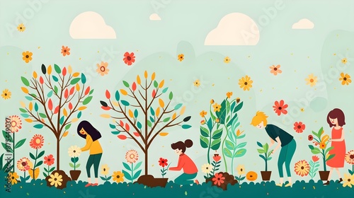 Background with Friends Planting Trees and Flowers for Friendship Day, Environmental Day, and Earth Day