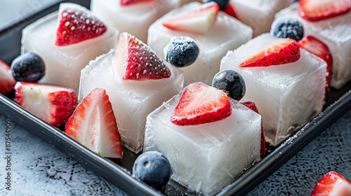 A tray of frozen coconut water cubes with diced strawberries and blueberries