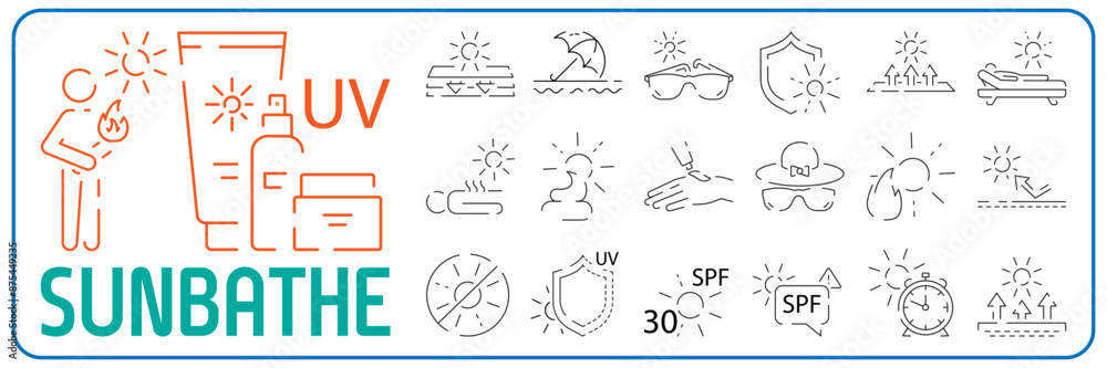 Fototapeta premium Sun Protection Related Vector Line Icon set. Icons as Sunscreen, Sunglasses, UV rays exposure time and more. Summer vacation