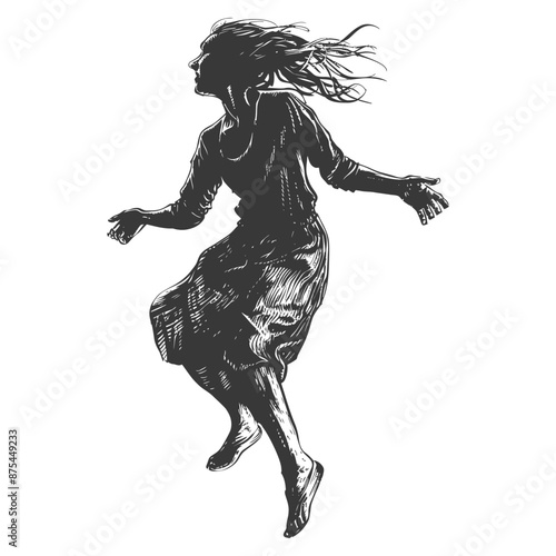 Joyful Leaping Woman: Hand-Drawn Silhouette in Motion