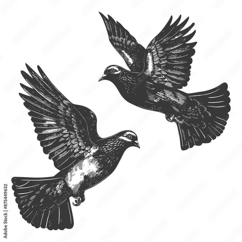 Obraz premium Engraved Duo of Pigeons in Flight, Detailed Avian Illustration