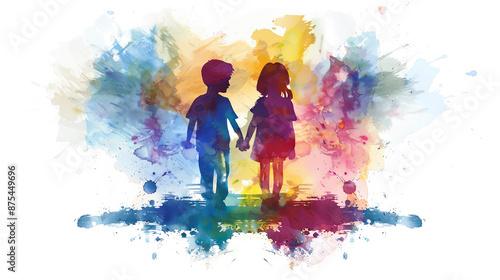 Silhouette of Children Holding Hands Walking to School Watercolor Back to School Concept