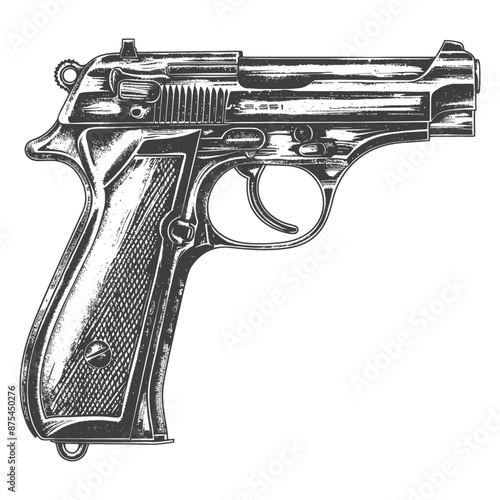 Vintage Handgun Engraving: Detailed Black and White Illustration