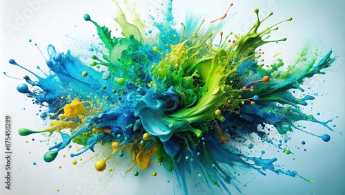 Vibrant blue and green paint splatters explode on a white background, creating a mesmerizing abstract art piece with dynamic texture and bold colors. photo