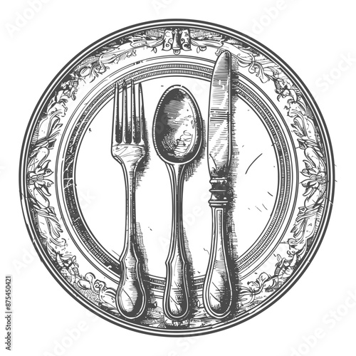 Vintage Engraved Silverware on Ornate Plate: Menu Design Element