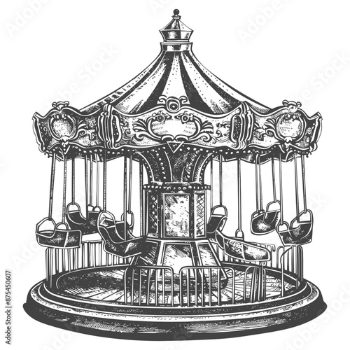 Vintage Carousel Swing Ride: Hand-Drawn Engraving Illustration