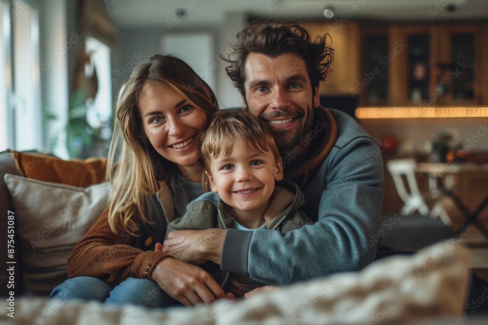 Happy family mom dad and child sitting on the sofa and smiling in the living room Happy family mom dad and child sitting on the sofa and smiling in the living room