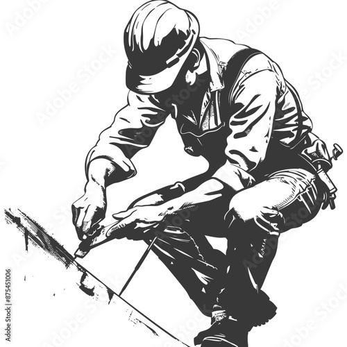 Crouching Craftsman: Monochrome Illustration of a Roofing Worker