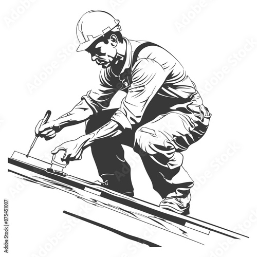 Focused Construction Worker: Black and White Line Art Illustration