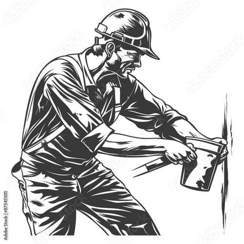 Vintage Illustration: Determined Construction Worker Chiseling Stone