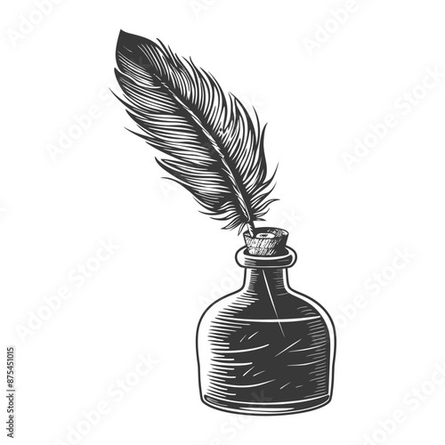 Vintage Quill Pen in Ink Bottle: Monochrome Engraving Illustration